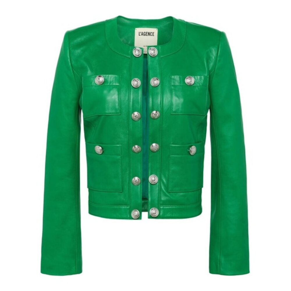 L'AGENCE Jayde Collarless Green Leather Cropped Jacket Buttons